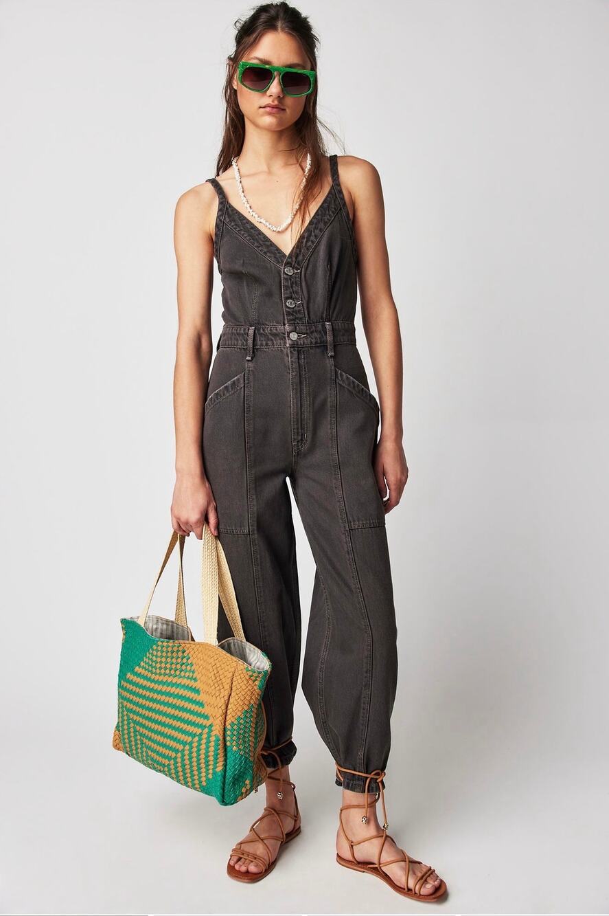 ÉTICA Milou Utility Jumpsuit XS Earth Wash Black Denim Barrel Leg $228